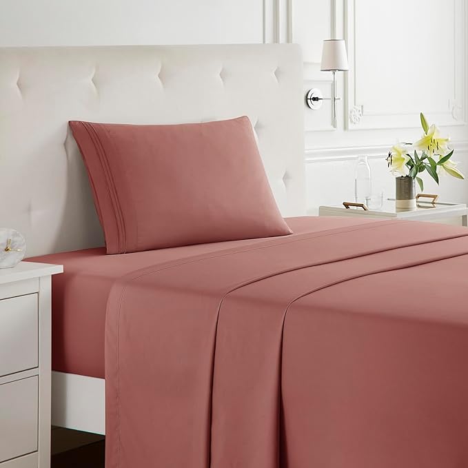 Clara Clark Bed Sheets, Premier 1800 Series Bed Sheet Set, Deep Pocket, Wrinkle, Fade, Stain Resistant, Luxury Soft Bedding Sheets & Pillowcases, Twin, Pink Clay