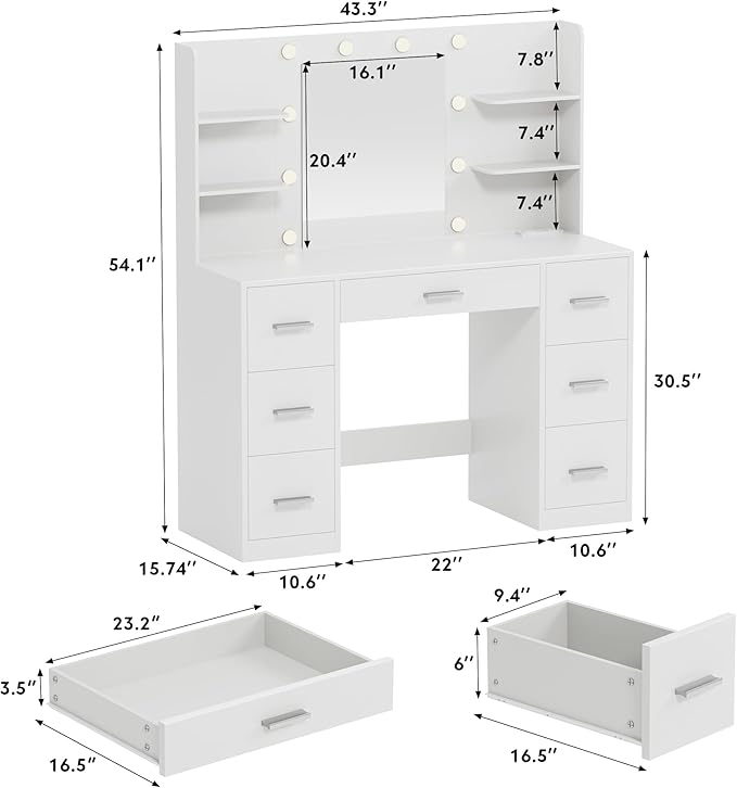VICTONE Vanity Desk with LED Lighted Mirror&Power Outlet, 3 Model Lights Makeup Vanity Table with 7 Drawers and 6 Storage Shelves for Bedroom and Dressing Room (White)
