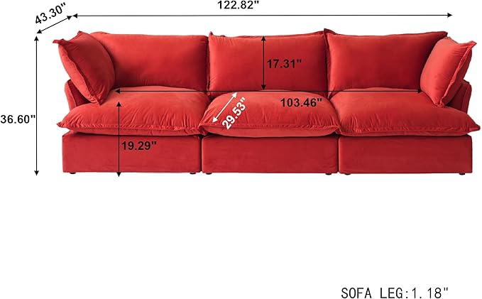 JACH 122.82" Cloud Sectional Couch for Living Room, Modular 3 Seats Sofas, Convertible Sectional Couches, Cushion Covers Removable, Two Corners and One Middle Sofa for Living Room (Red)