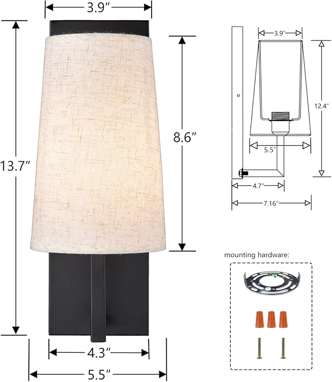 Farmhouse Black Wall Sconces Set of Two Modern Matte Black Wall Lamp with Fabric Shade for Bedroom Hallway Living Room