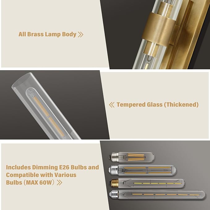 Wall Sconce, Brass Sconce for Bathroom Vanity, Gold Mirror Wall Light, 22.8" Indoor Wall Light Fixtures, Two Glass Tube Brass Wall Sconce for Bathroom, Bedroom, Vanity, Living Room