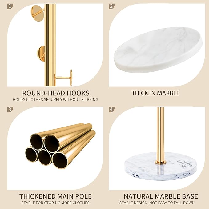 Modern Metal Coat Rack Stand with Natural Marble Base, Heavy Duty Coat Rack Freestanding with 8 Hooks, Golden Standing Coat Racks Hall Tree Stand for Bag, Jacket, Entryway Office
