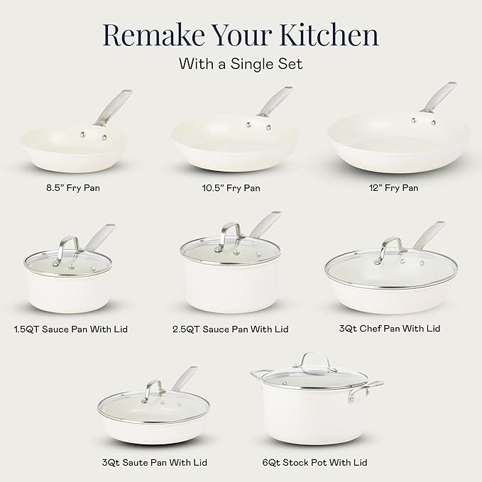 GOTHAM STEEL PRO 13 Pc Ceramic Cookware Set Nonstick, Pots and Pans Set Non Stick for Kitchen, Hard Anodized Induction Cookware, Non Toxic Made Without PFOA PFOS, Oven & Dishwasher Safe, Cream White