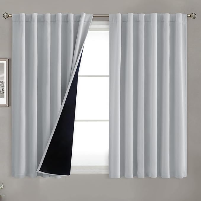 BGment Light Grey Short 100% Blackout Curtains 45 Inch Length with Black Liner, Rod Pocket and Back Tab Double Layer Full Room Darkening Thermal Curtains for Bedroom, 2 Panels, 52 x 45 Inch