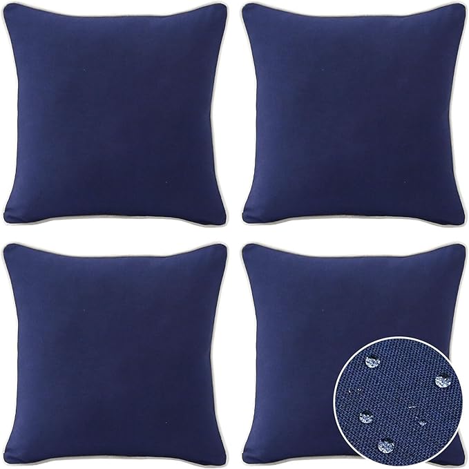 Decorative Outdoor Water Repellent Throw Pillows with Inserts, Set of 4, 16" x16" Pillows for Patio, Backyard, Bed, Couch, and Patio Furniture, Navy