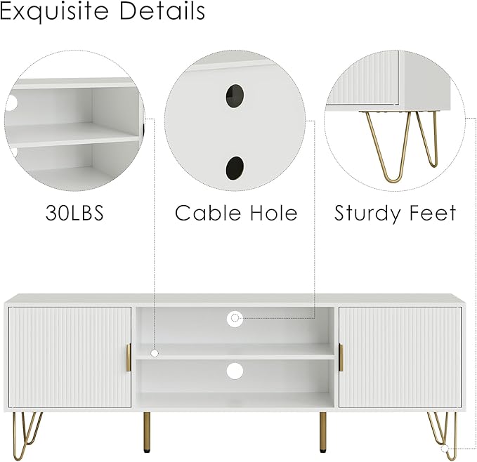 TV Stand for 55 65-inch TV, Entertainment Center with Soft Hinge Door,TV Console Table with 2 Cabinets with Gold Handle and Feet,for Living Room, Bedroom, White