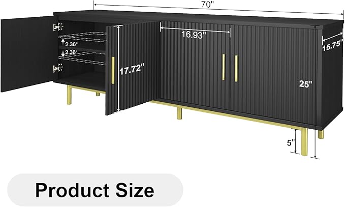 MUUEGM Modern TV Stand for Televisions up to 80 Inch, Entertainment Center with Storage, Cabinet with Fluted Door and Adjustable Shelf, Console Table and Media Furniture for Living Room, Black