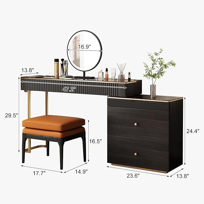 Lartis Makeup Vanity with Stool, Very Easy to Assemble,Retractable TV Cabinet Combination, Dressing Table Desk in one, Super Storage
