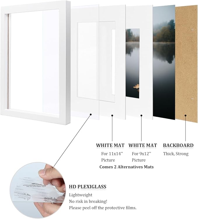 Egofine 12x16 Picture Frame White Covered by Plexiglass Made of Solid Wood, Display Pictures 9x12 and 11x14 with Mat or 12x16 Without Mat for Wall Mounting