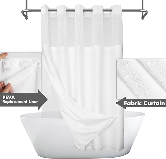 Extra Long No Hook Slub Textured Shower Curtain with Snap-in PEVA Liner Set - 71" x 86"(84"), Hotel Style with See Through Top Window, Fabric Curtain & Waterproof Liner, White, 71x86