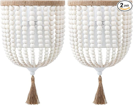VILUXY Bohemia Wood Beaded Wall Sconces Bedside Antique Rustic Wall Sconce Lighting Fixture White Finishing for Bedroom, Hallway, Entryway, Passway, Bathroom, Vanity 2 Pack