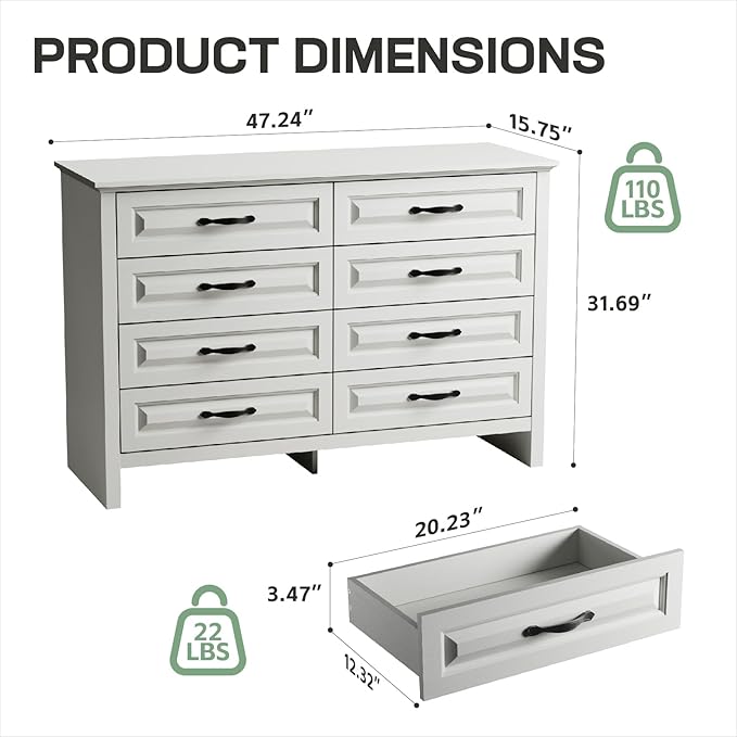 Amada Farmhouse 8 Drawer Dresser for Bedroom, 47.2 Inch Wide Wood Dresser with Natural Texture, Large Drawers, Rustic Farmhouse Chest of Drawers for Bedroom, Living Room, Hallway, White