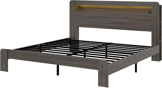 Wood King Size Bed Frame with Headboard, Farmhouse Platform Bed Frame with Bookcase Shelf,LED Lights,Charging Station,Heavy Duty Supports,No Box Spring Needed,Dark Grey