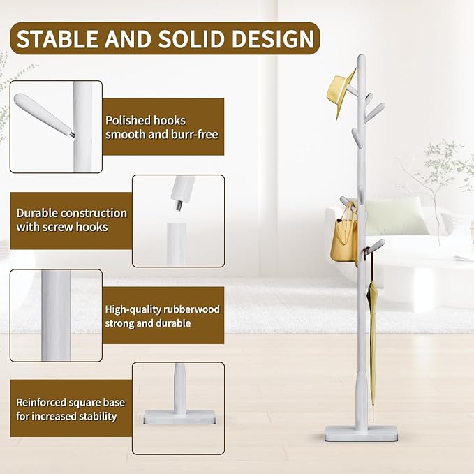 Solid Wood Square Base Coat Rack, Free Standing Hall Coat Tree with 8 Hooks（+2 spare for Coats, Hats, Bags, Purses, for Entryway, Hallway, Rubberwood Hooks,Base and Pole,(Square Base, White)