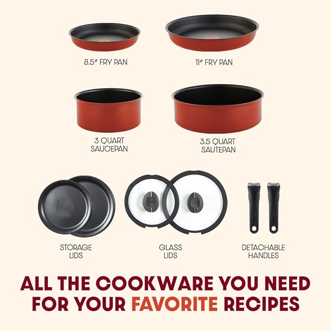 T-fal Ingenio Nonstick Cookware Set 10 Piece, Induction, Oven Broiler Safe 500F, Cookware, Pots and Pans, RV, Camping, Oven, Broil, Dishwasher Safe, Detachable Handle, Red