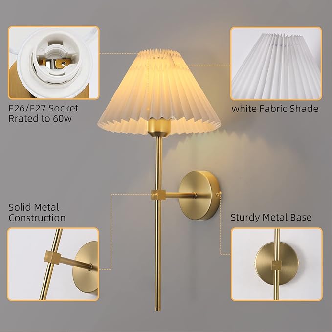 Wall Sconces Sets of 2 White Fabric lampshade Gold Wall Lamp Column Bracket Wall Lighting Bathroom Dresser Hardwired lamp Applicable to Living Room Bedroom Dining Room