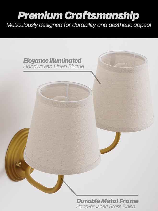 Vintage 2-Lights Fabric Wall Sconce with Linen Cloth Shade, Double Arm Wall Lamp Fixture for Bathroom Bedroom Living Room Hallway