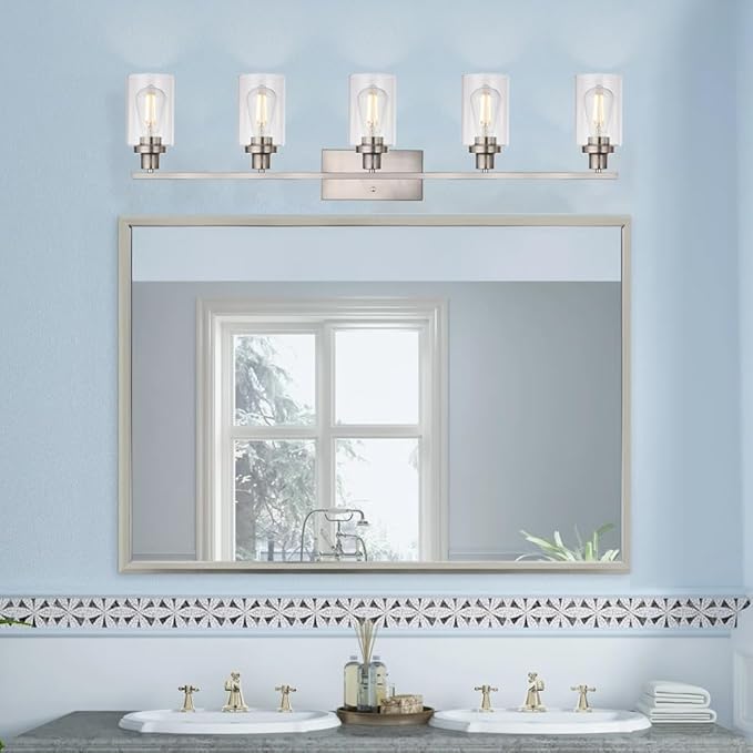 MELUCEE 5-Light Bathroom Vanity Light Brushed Nickel Wall Sconce Modern Light Fixtures Wall Mount with Clear Glass Shade for Porch Bedroom Hallway Kitchen (Patent No.: US D963914 S)