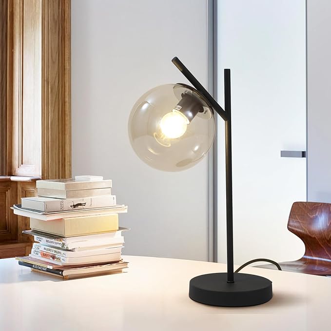 Mid Century Table Lamp Vintage Bedroom Desk Lamp Black Nightstand Lamp Contemporary Clear Glass Globe Bedside Lamp for Office Study Room