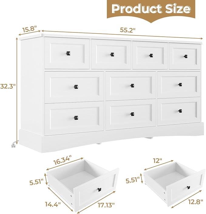 Hasuit White Dresser for Bedroom with 10 Drawers, 55.2" Long Drawer Dresser with Charging Station, Farmhouse Dresser Chest of Drawers, Large Wooden Storage Tower Organizer, Dresser for Bedroom Closet