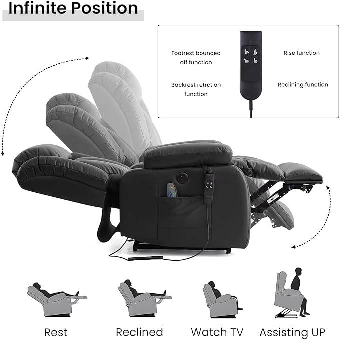 TEKAMON Power Lift Recliner Chair for Elderly with Heat & Massage, Dual Motor Breathable Leather Recliner, Lay Flat Sleeping Chairs with Infinite Position, RemoteControl & USB Ports(Black)