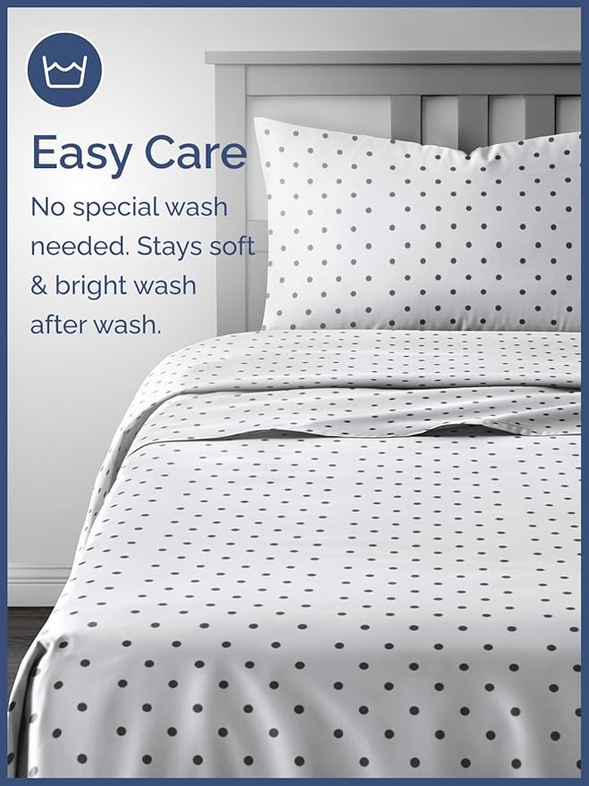 Kids Black Polka Dots Full 4 Piece Sheet Set - Boys, Girls, Teens, Toddler - Easy Fit Deep Pockets - Breathable, Hotel Quality Sheets - Machine Washable - Wrinkle Free - Cute, Cozy, Soft - CGK Linens