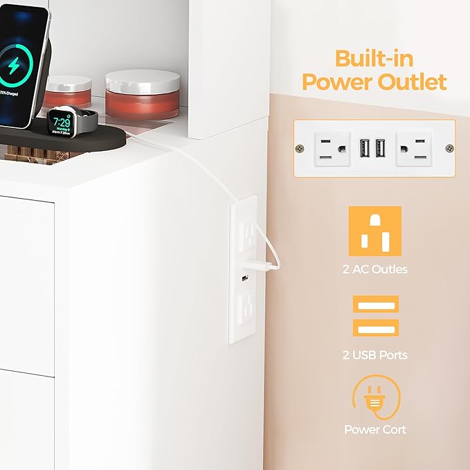 BEWISHOME Makeup Vanity Desk with Mirror and Lights White Vanity Table with Glass Top Power Outlet Stool,Makeup Desk with 9 Drawers and 4 Storage Shelves,Dressing Table for Bedroom Women FST39W