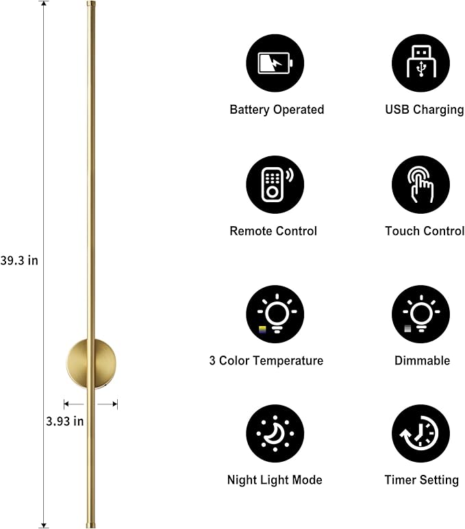 Battery Operated Modern Wall Sconces, Dimmable Wireless Wall Light Set of Two with Remote Control, 3 Color Temperatures, Rechargeable LED Wall Sconce for Bedroom, Living Room, Hallway, 39.3 Inch Brass