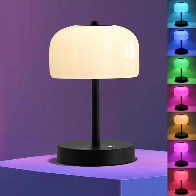 PORTRES RGB Cordless Touch Table Lamp with 3 Color Temperatures 7 RGB Colors Rechargeable Battery lamp with Pickup Rhythm Light Glass Lamp Shade for Bedroom Outdoor Patio Restaurant Camping Black
