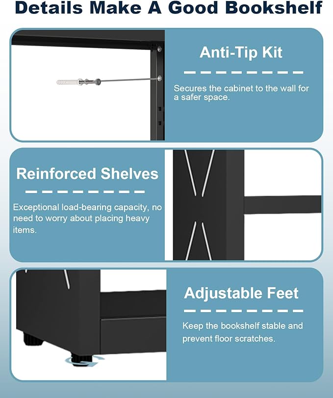 5-Tier Bookshelf, Metal Bookcase with Adjustable Shelves for Home Office, Kitchen and Garage, Modern Corner Tall Shelves with Anti-Tip Kit & Leveling Feet, Heavy-Duty Display Storage Organizer (Black)
