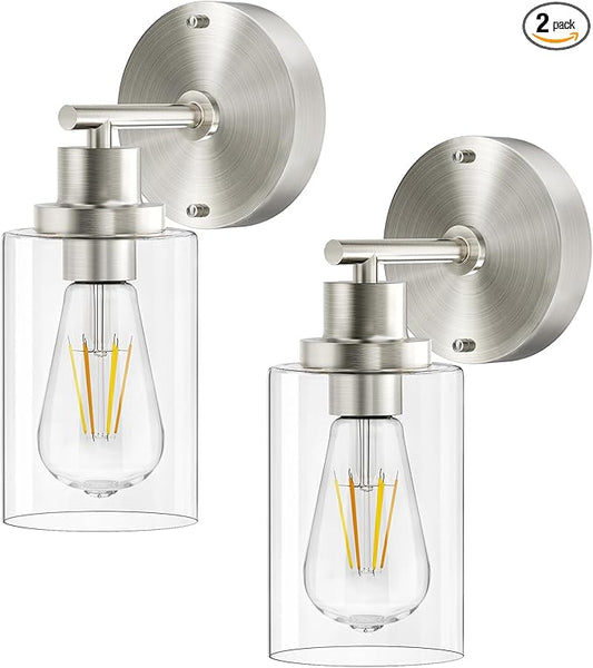 Bathroom Wall Sconces Set of Two: Brushed Nickel Vanity Light Fixtures with E26 Base LED Cordless Indoor Wall Mount Lamp for Mirror Bedroom Hallway Stairway Modern Decor Lighting