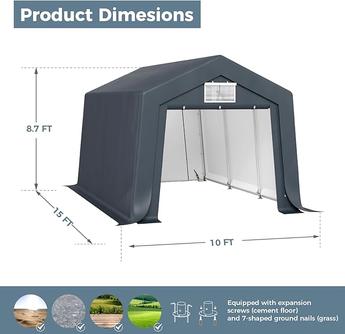 GREEN PARTY Storage Shelter Shed, 10x15 ft Portable Shed Outdoor Carport with Roll-up Zipper Door & Vents, Outdoor Storage Shed Portable Garage for Motorcycle, Bike, Waterproof & UV Protected, Gray