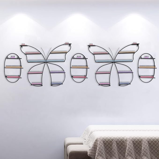 Nail Polish Rack, 5PCS Butterfly-shaped Nail Polish Storage Rack Wall-mounted Metal Essential Oil Display Organizer Stand Holder for Home Spa Nail Salon Shop (Black)