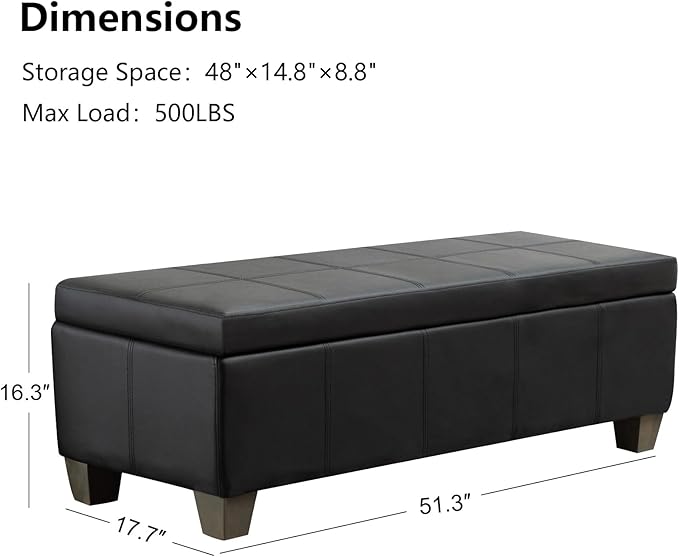 51 Inch Black Faux Leather Ottoman with Storage, Rectangular Extra Long Bench, End of Bed Bench with Large Storage for Bedroom, Living Room
