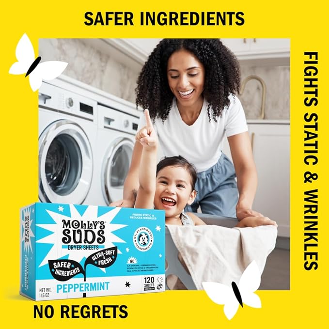 Molly's Suds Fabric Softener Dryer Sheets for Sensitive Skin | Plant-Based Static Reducer, Plastic-Free Packaging | Bundle of 2, Peppermint (240 Sheets Total)