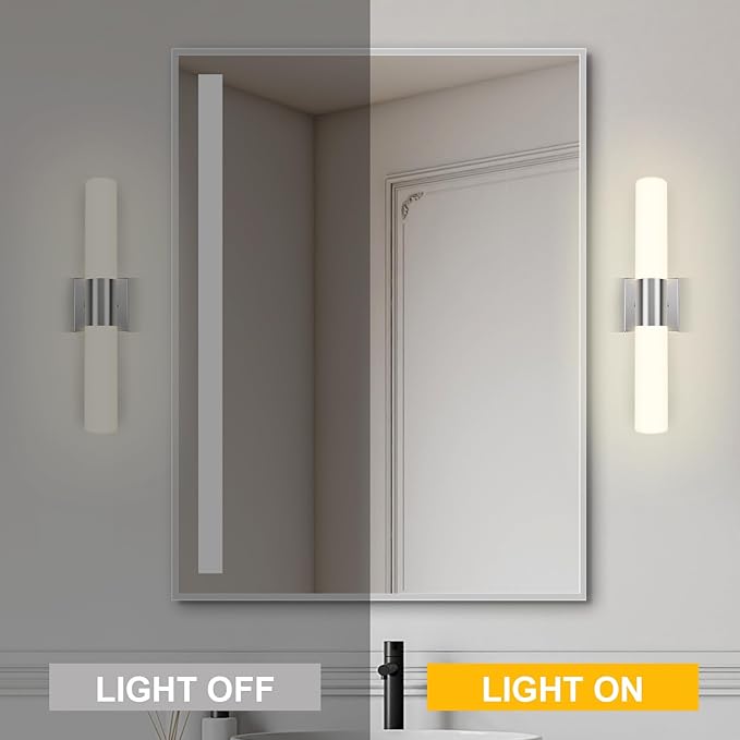 Bathroom Wall Sconces Set of Two, 21 Inch Modern Vanity Lights with Frosted Glass Shade, Bathrooms Vanity Lighting Fixtures for Mirror Bedroom Living Room Hallway (Silver)