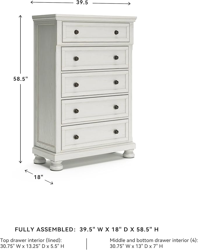 Signature Design by Ashley Robbinsdale Traditional 5 Drawer Chest, Antique White