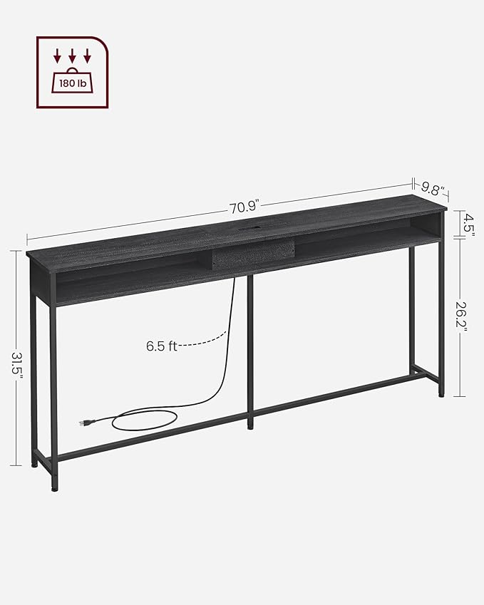 VASAGLE 70.9-Inch Console Table with Outlet and Shelves, Sofa Table with Charging Station, Behind Couch Table Skinny, Entryway Table for Hallway, Living Room, Charcoal Gray and Ink Black ULNT118B22