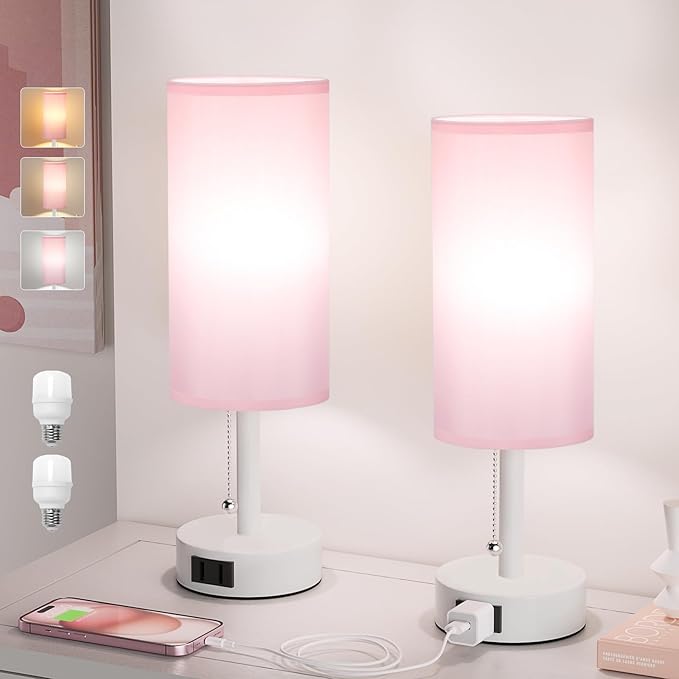Pink Bedside Table Lamps Set of 2-3 Color Temperatures Pull Chain Lamp with AC Outlet Charging Port, Round Night Stand Lamps for Bedroom Office, Special for Girls