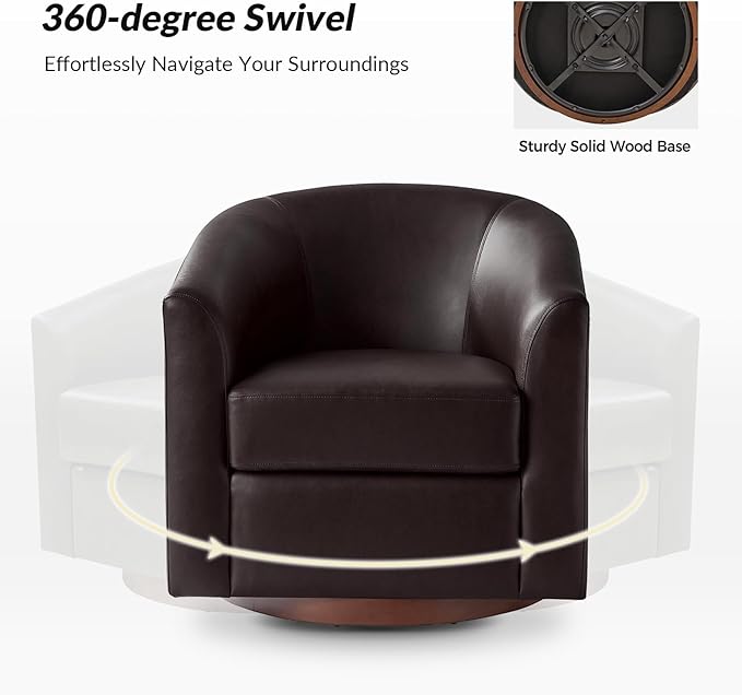 HULALA HOME Faux Leather Swivel Accent Chair with Solid Wood Base, Round Swivel Barrel Chair for Living Room and Bedroom, Brown
