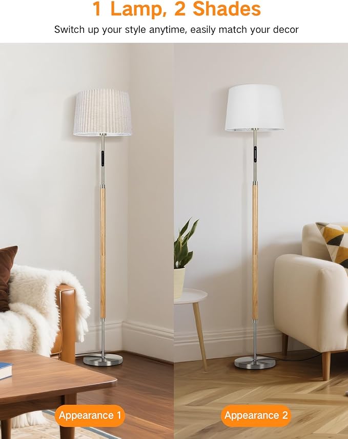 OUTON Wood Floor Lamp, Mid Century LED Modern Dimmable Standing Lamp with Remote & Touch Control, 4 Color Temperatures, Tall Floor Lamps for Living Room, Bedroom, Office, Wood
