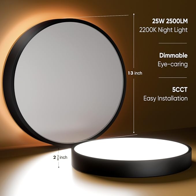 13 Inch Flush Mount Ceiling Light with Remote Control & Night Light, 5CCT Dimmable Ceiling Light Fixture, 25W 2500LM 2700K-6500K Adjustable LED Ceiling Lights for Bedroom Kitchen, Black