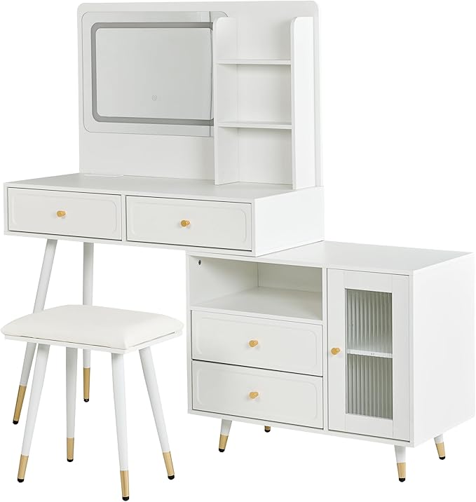 Modern Makeup Vanity Desk with Mirror and Lights,Retractable Dressing Table with Drawers and Cabinets,Makeup Table Set for Bedroom
