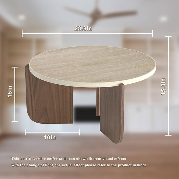Round Travertine Texture Coffee Table, 28 inch Stone Coffee Table, Modern Design, Durable, Minimalist