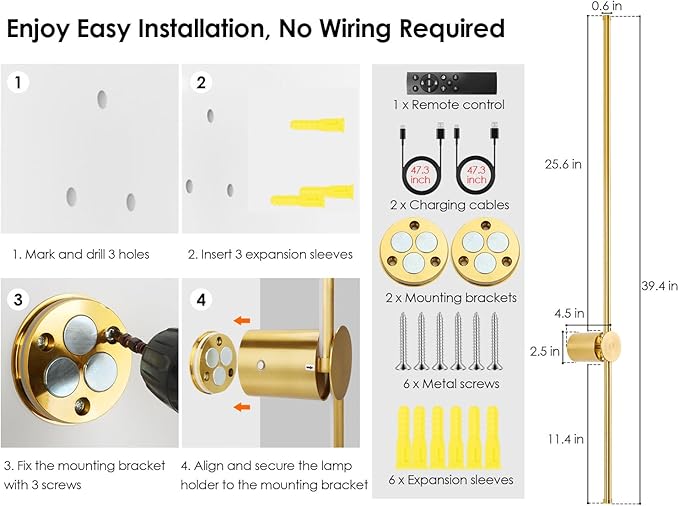 39.4 Inch Battery Operated Wall Sconces Set of Two, 12000mAh Rechargeable Wall Sconce with Remote Control, Dimmable LED Wireless Wall Lights for Bedroom, Living Room, 15 Colors, 180° Rotate, Gold