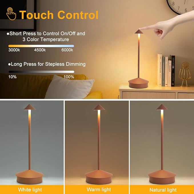 EJQ 2 Pack LED Cordless Table Lamp, Portable 6000mAh Rechargeable Aluminum, Touch Control Outdoor Table Lamp, 3 Color Dimmable Cordless Table Lamps for Restaurant, Patio, Bedroom, Outdoor - Brown