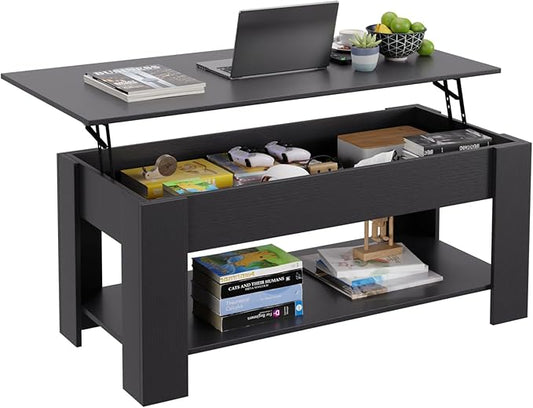 FDW 47" Lift Top Coffee Table with Hidden Large Storage Shelf and Compartment Lifted Wooden Dining Table for Living Room Home Office,Black