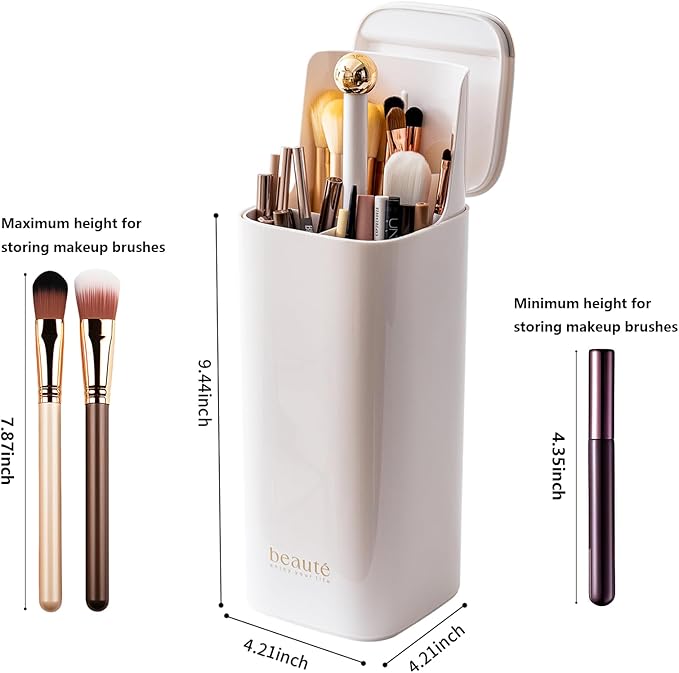 Makeup Brush Holder Organizer, One Touch for Open, Dustproof Make Up Organizer with Lid for Vanity Bathroom Countertop,White