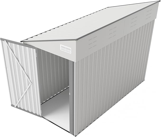4x8 ft Lean to Shed, Outdoor Storage Shed with Lockable Door and Vents, Metal Storage Shed with 6 Vents, Outside Garden Tool Shed for Backyard, Patio, Wall Side Design (White)