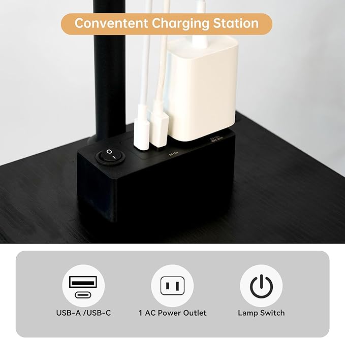 Floor Lamp with Table, Narrow Side Table with USB-A/USB-C Charging Station and AC Port, 3 Color Temperatures 12W LED Bulb, End Table for Bedroom, Living Room and Home Office, Black